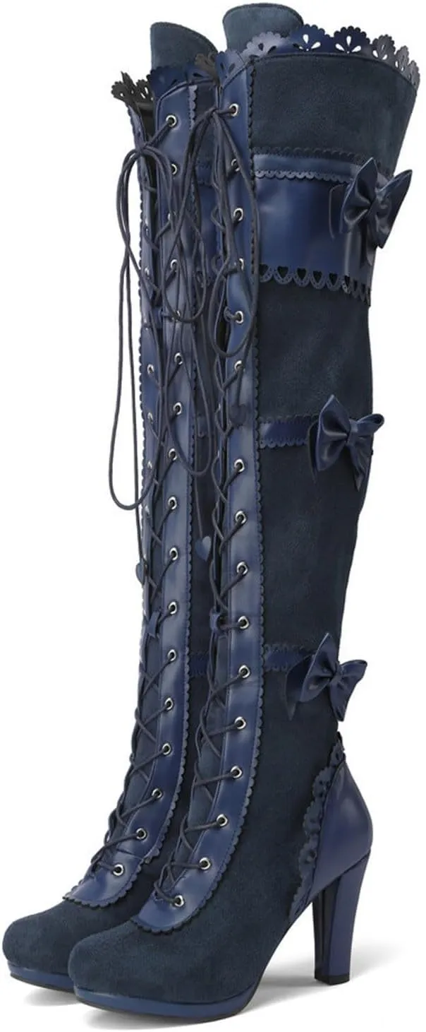 Women Lace Bow Goth Knee High Heel Boots Lace Up Knee Length Boots Punk Platform Boots Comfortable Walking Shoes