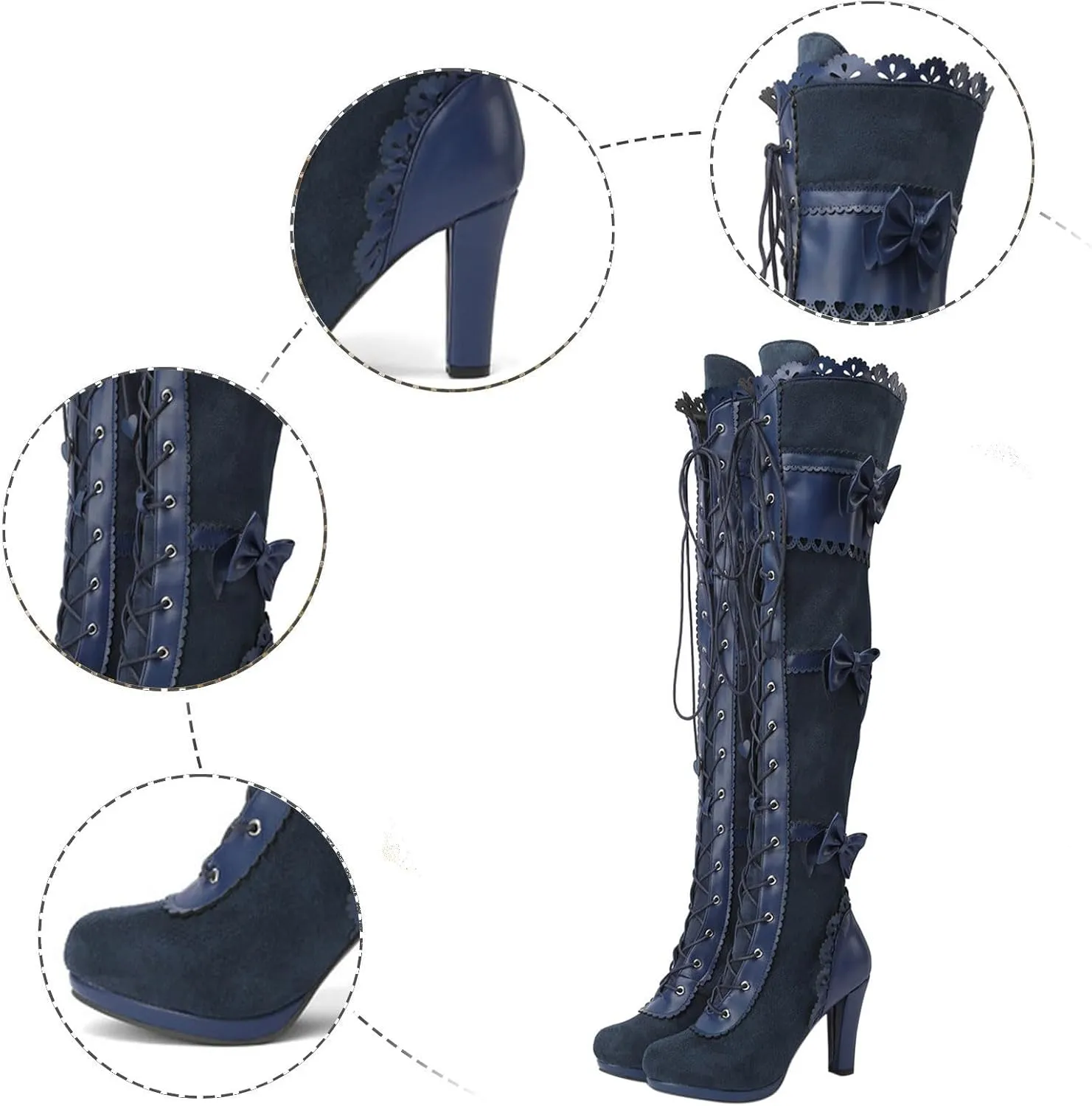 Women Lace Bow Goth Knee High Heel Boots Lace Up Knee Length Boots Punk Platform Boots Comfortable Walking Shoes