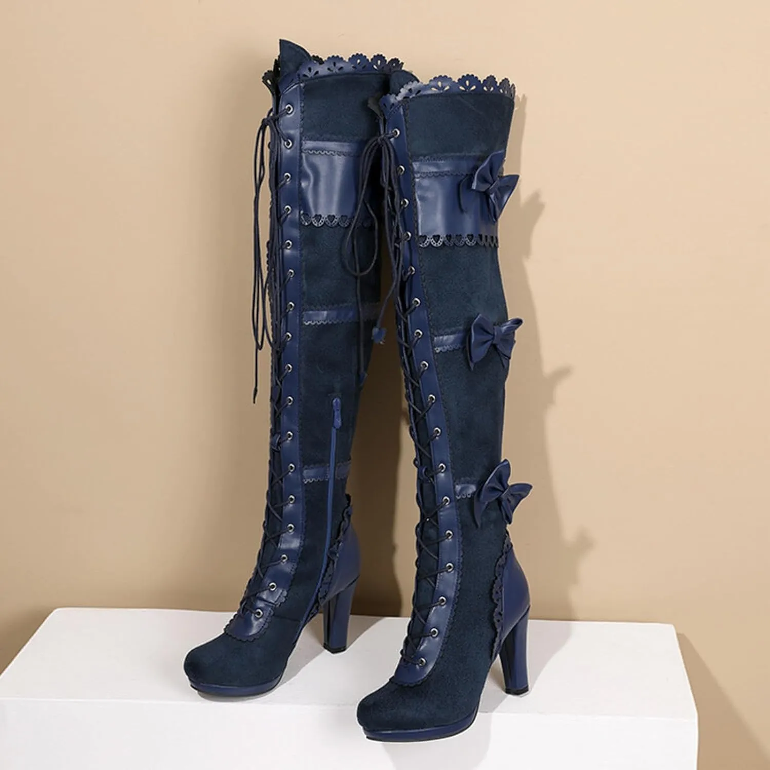 Women Lace Bow Goth Knee High Heel Boots Lace Up Knee Length Boots Punk Platform Boots Comfortable Walking Shoes