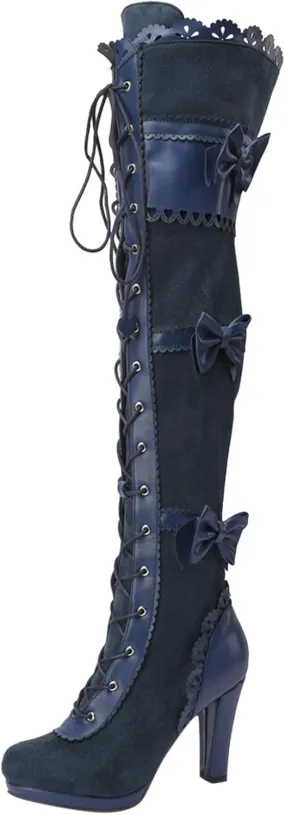 Women Lace Bow Goth Knee High Heel Boots Lace Up Knee Length Boots Punk Platform Boots Comfortable Walking Shoes