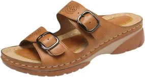Women Leather Sandals with Arch Support Open Toe Hollow Out Wedge Sandals Adjustable Slip on Sandal Summer Slip-on Slippers Platform Sandal for Women 2025