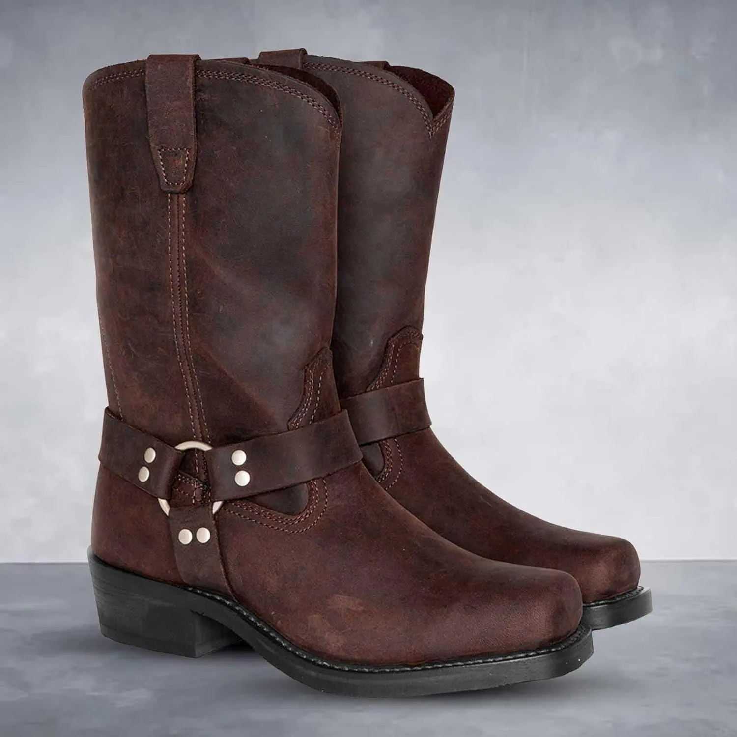 Women Low Chunky Heel Knee High Boots Square Toe Motorcycle Boots with Buckle Tall Biker Riding Boots Women Booties