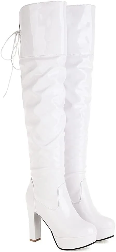 Women Over The Knee Thigh High Boots Lace up Leather Chunky Heel Platform Knight Boots Dress Wedding Long Combat Boots