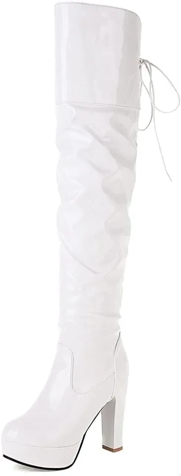 Women Over The Knee Thigh High Boots Lace up Leather Chunky Heel Platform Knight Boots Dress Wedding Long Combat Boots