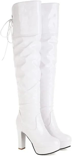 Women Over The Knee Thigh High Boots Lace up Leather Chunky Heel Platform Knight Boots Dress Wedding Long Combat Boots