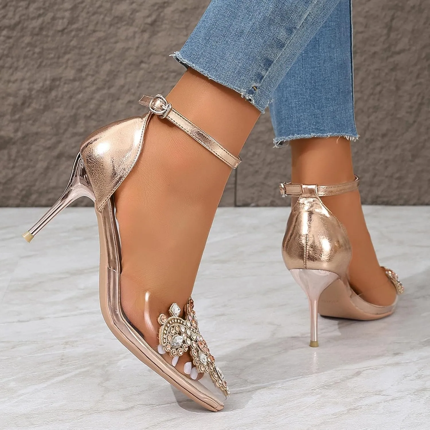 Women Slippers & Sandals Women's Summer Fashion Clear Crystal Pointed Stiletto Sandals One Line Heels Women's