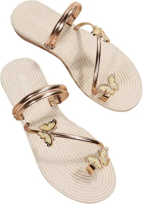 Women Summer Casual Flat Sandals Cute Slides Rhinestone & Butterfly Decor Toe Ring Clip Toe Thong Flip Flops Lightweight Comfy Beach Shoes Slipper