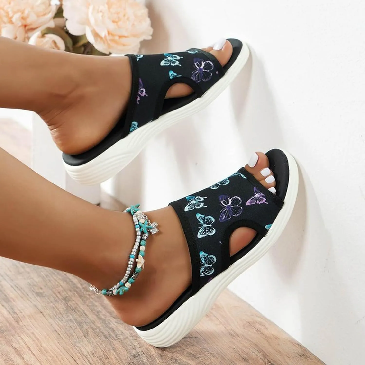 Women Wedge Sandals Comfortable High Heeled Wedges with Adjustable Buckle Casual Elastic Ankle Strap Platform Sandals