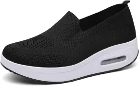 Women Wedge Shoes Breathable Mesh Sneakers Non Slip Casual Knit Boat Loafers Air Cushion Slip On Comfort Walking Shoes Comfortable Women's Orthopedic Platform Sneakers