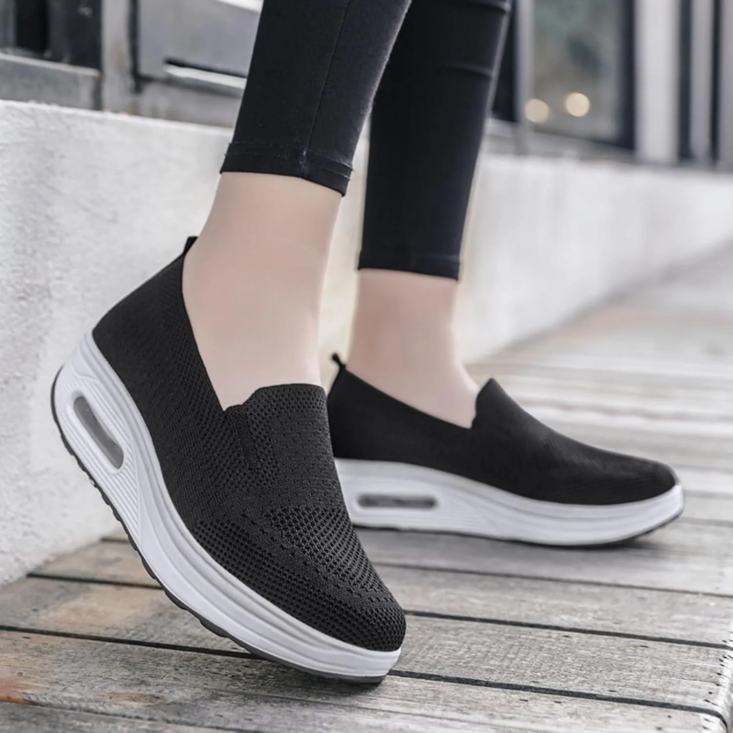 Women Wedge Shoes Breathable Mesh Sneakers Non Slip Casual Knit Boat Loafers Air Cushion Slip On Comfort Walking Shoes Comfortable Women's Orthopedic Platform Sneakers