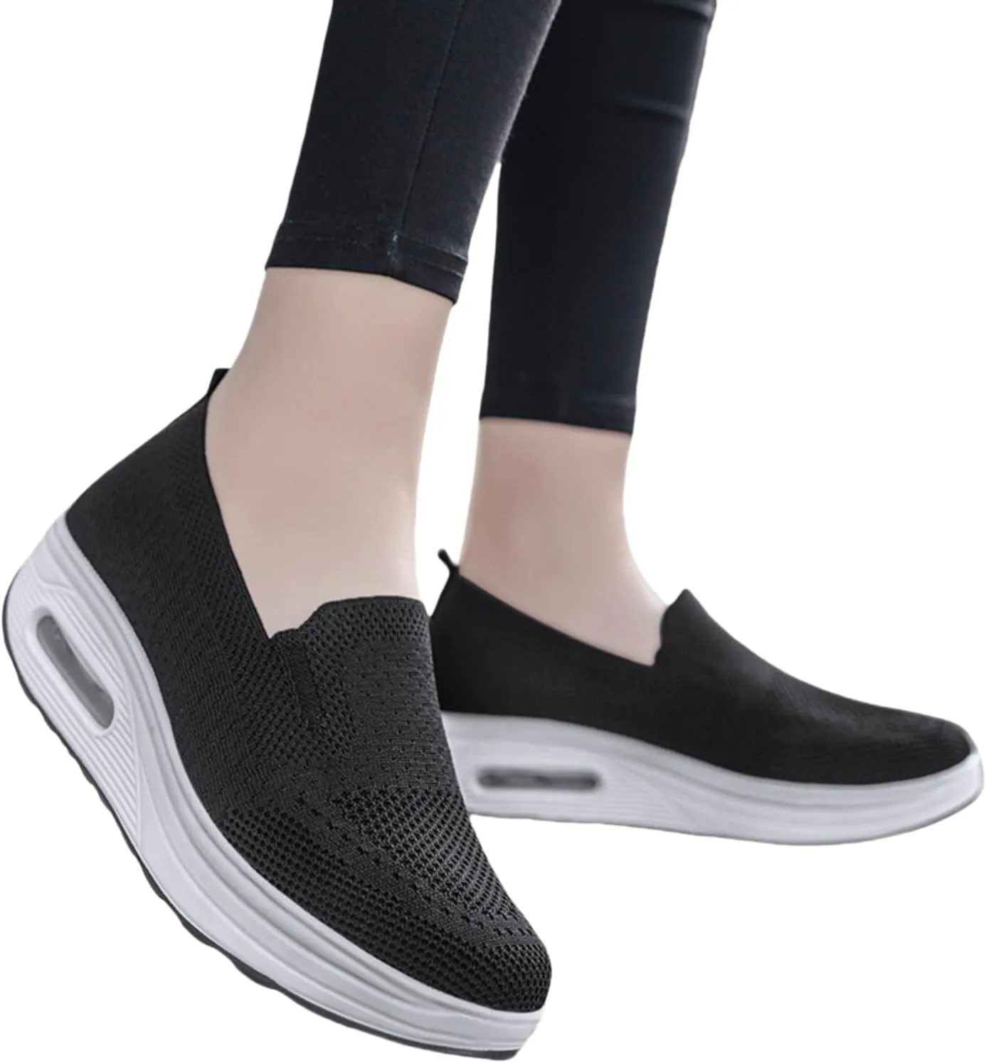 Women Wedge Shoes Breathable Mesh Sneakers Non Slip Casual Knit Boat Loafers Air Cushion Slip On Comfort Walking Shoes Comfortable Women's Orthopedic Platform Sneakers