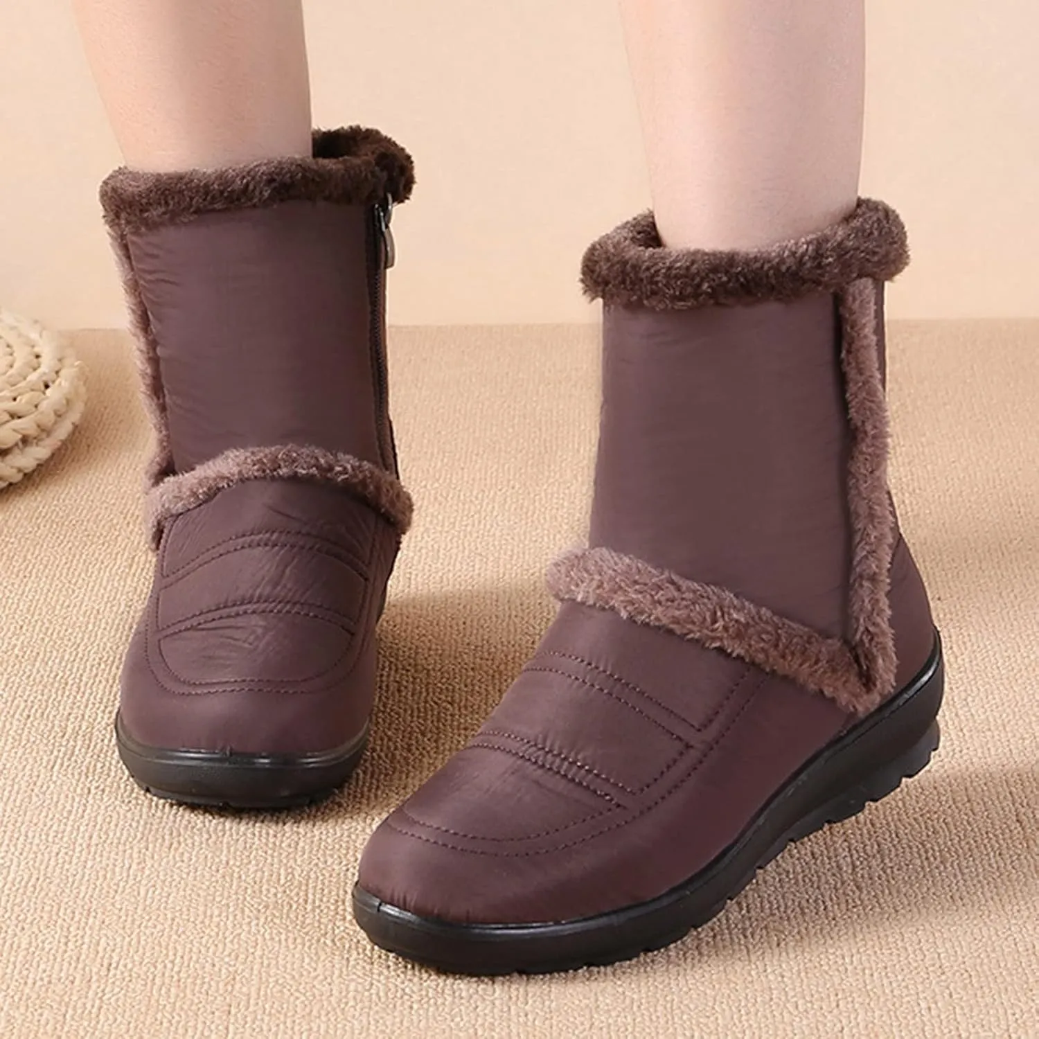 Women Winter Snow Boots Water-proof Ankle Boots Mid Calf Womens Boots with Fleece Lined Anti Slip Booties Comfortale Outdoor Shoes Wide Width Low Wedge Heel Booties with Arch Support