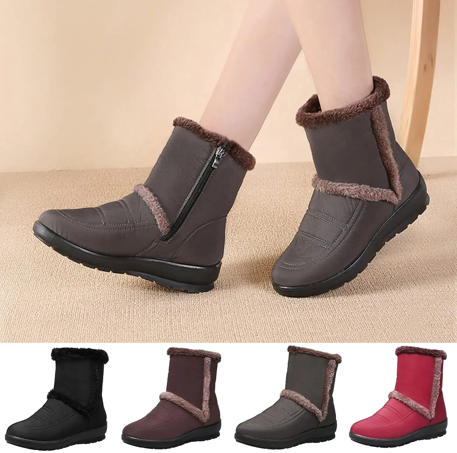 Women Winter Snow Boots Water-proof Ankle Boots Mid Calf Womens Boots with Fleece Lined Anti Slip Booties Comfortale Outdoor Shoes Wide Width Low Wedge Heel Booties with Arch Support