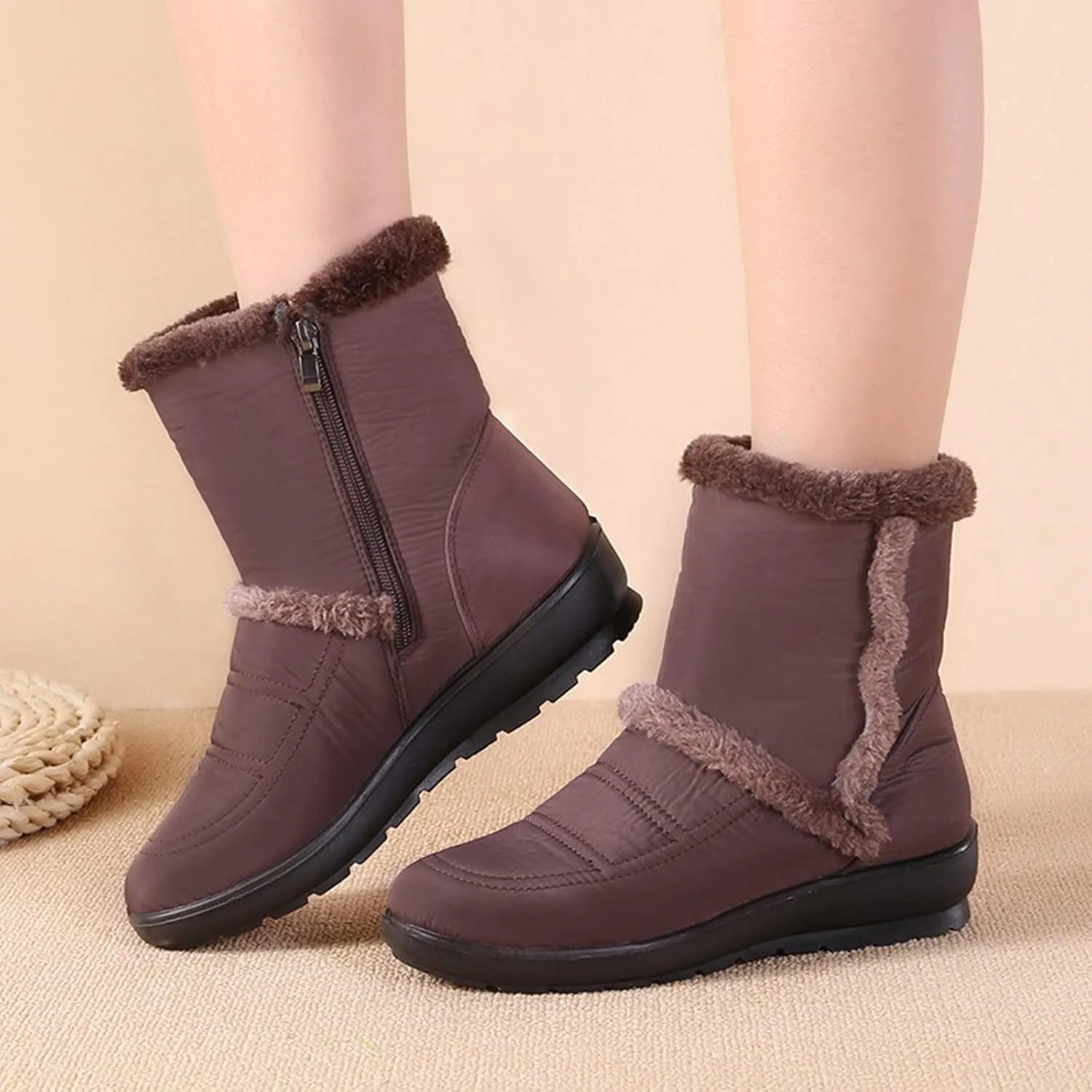Women Winter Snow Boots Water-proof Ankle Boots Mid Calf Womens Boots with Fleece Lined Anti Slip Booties Comfortale Outdoor Shoes Wide Width Low Wedge Heel Booties with Arch Support