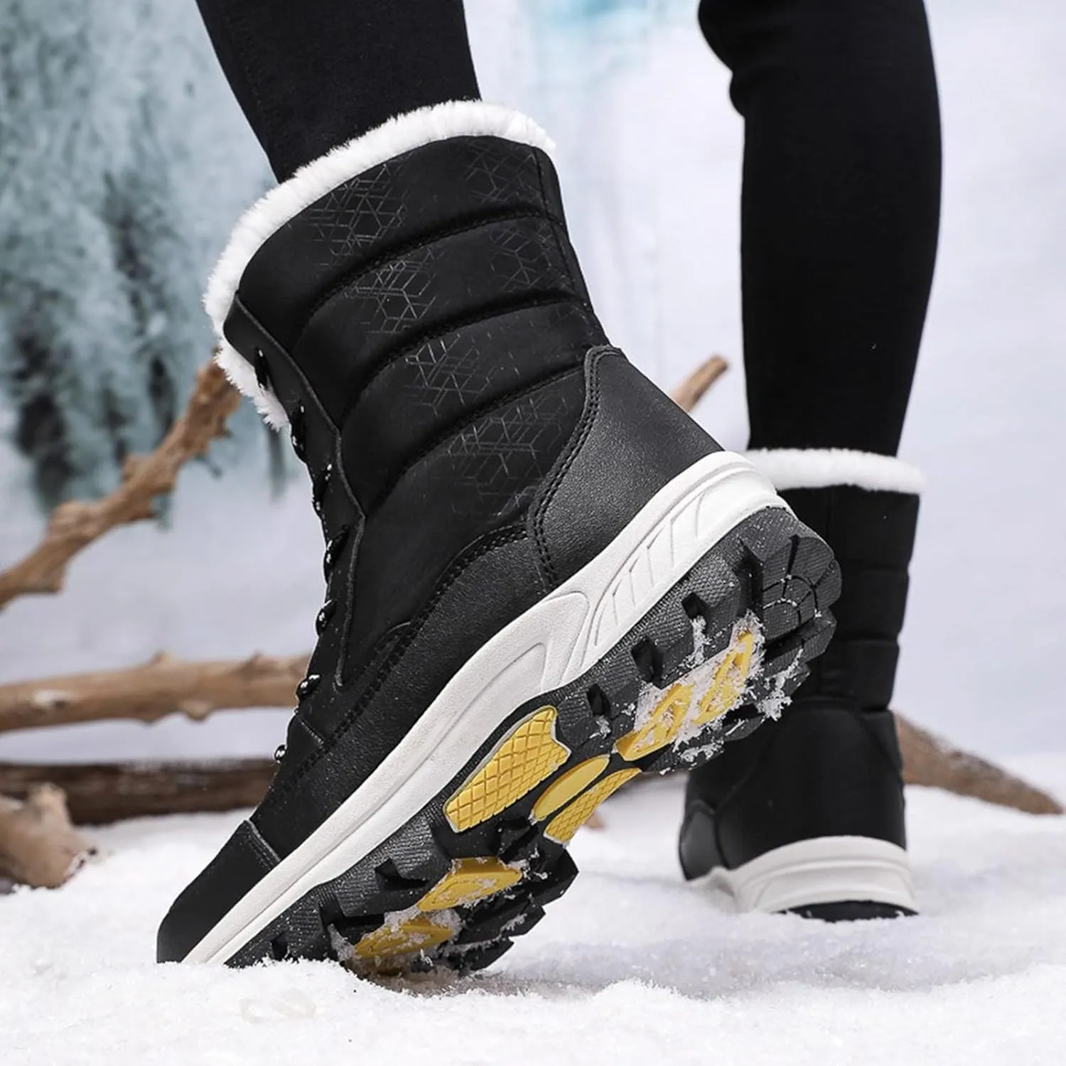 Women Winter Snow Boots Waterproof Walking Booties Lace Up Fur Lined Mid Calf Boots Outdoor Warm Thick Hunting Boots