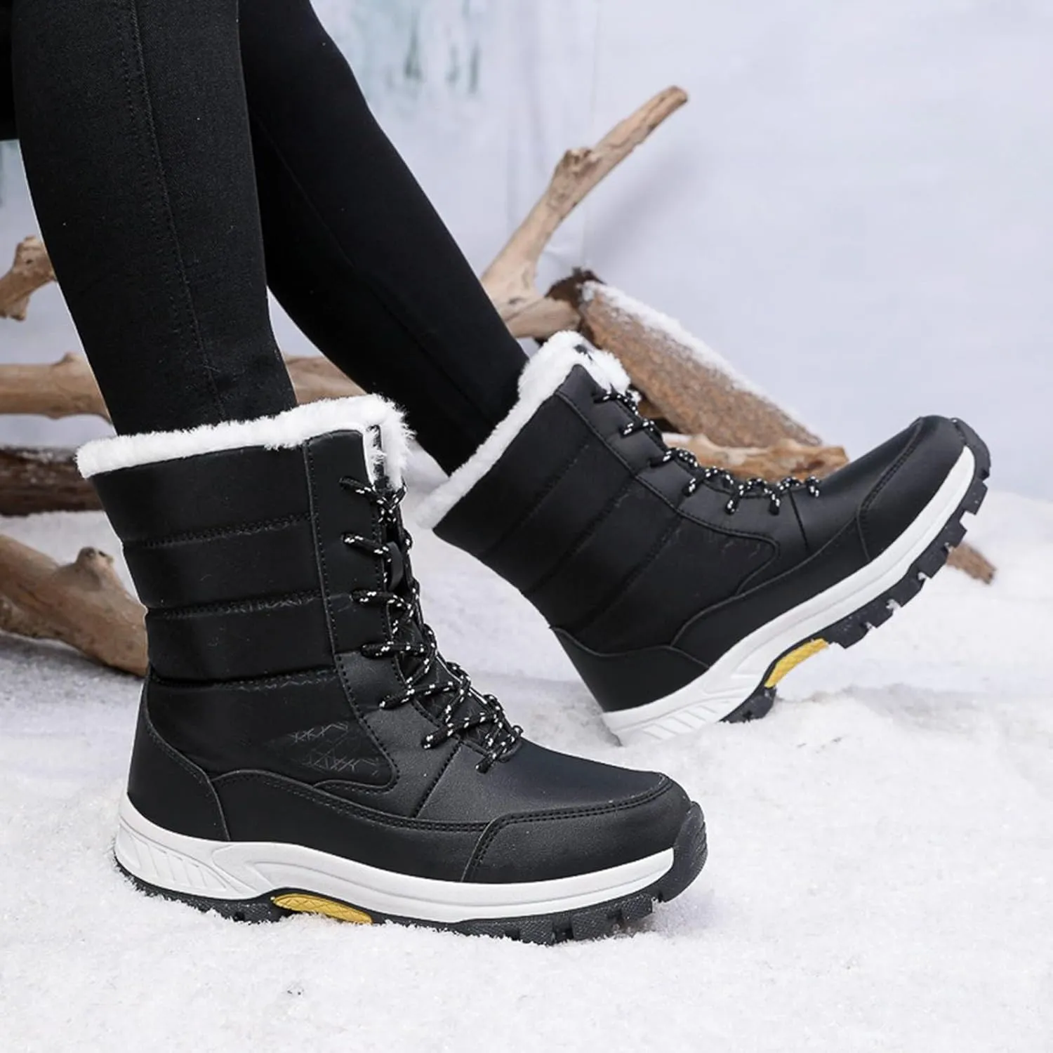 Women Winter Snow Boots Waterproof Walking Booties Lace Up Fur Lined Mid Calf Boots Outdoor Warm Thick Hunting Boots
