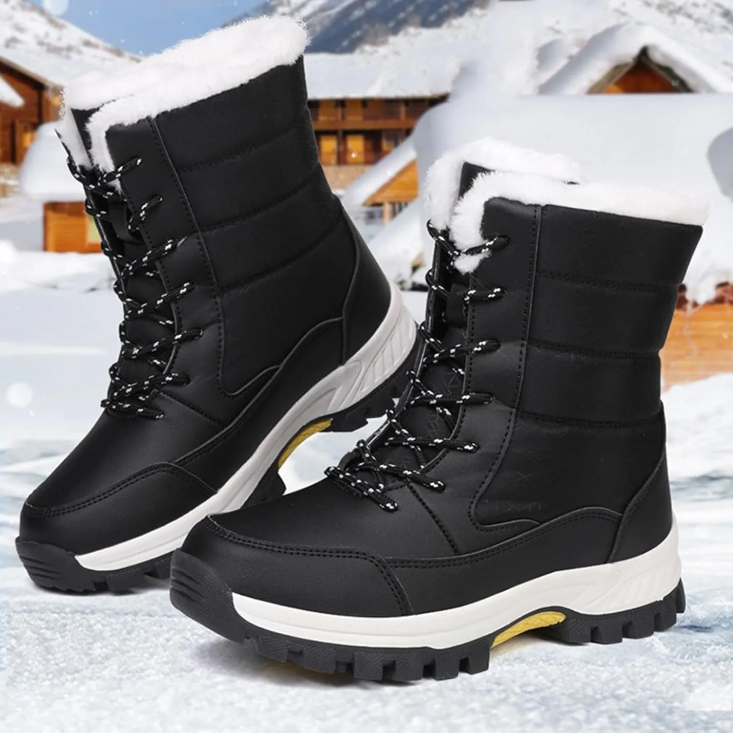 Women Winter Snow Boots Waterproof Walking Booties Lace Up Fur Lined Mid Calf Boots Outdoor Warm Thick Hunting Boots