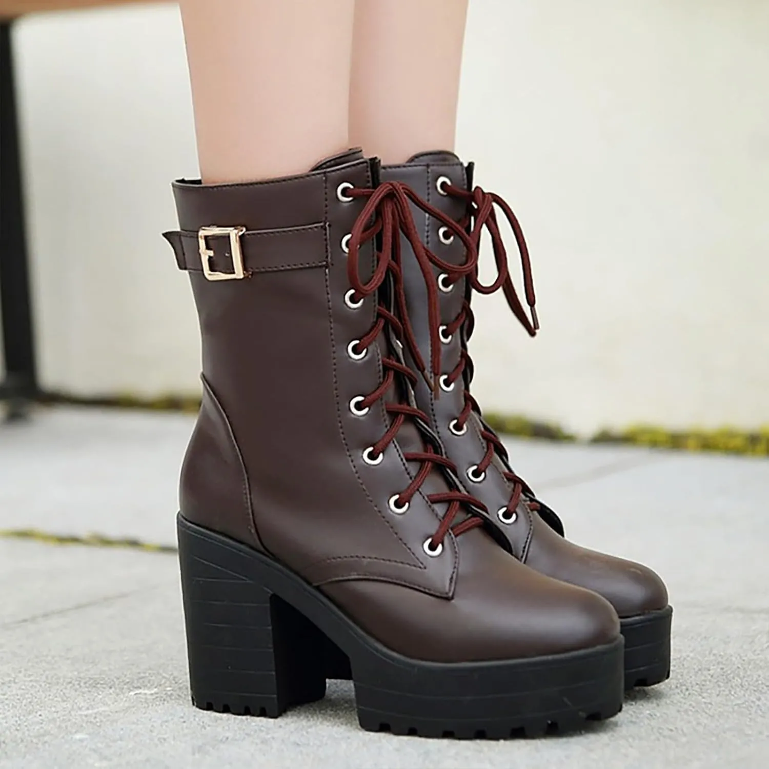 Womens Booties,Winter Boots for Women Fashion Belt Mid Heel Ankle Boots Buckle Lace Up Faux Leather Platform Boots