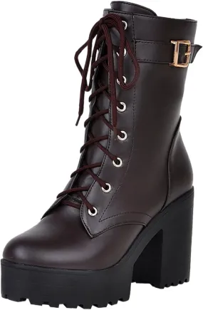 Womens Booties,Winter Boots for Women Fashion Belt Mid Heel Ankle Boots Buckle Lace Up Faux Leather Platform Boots