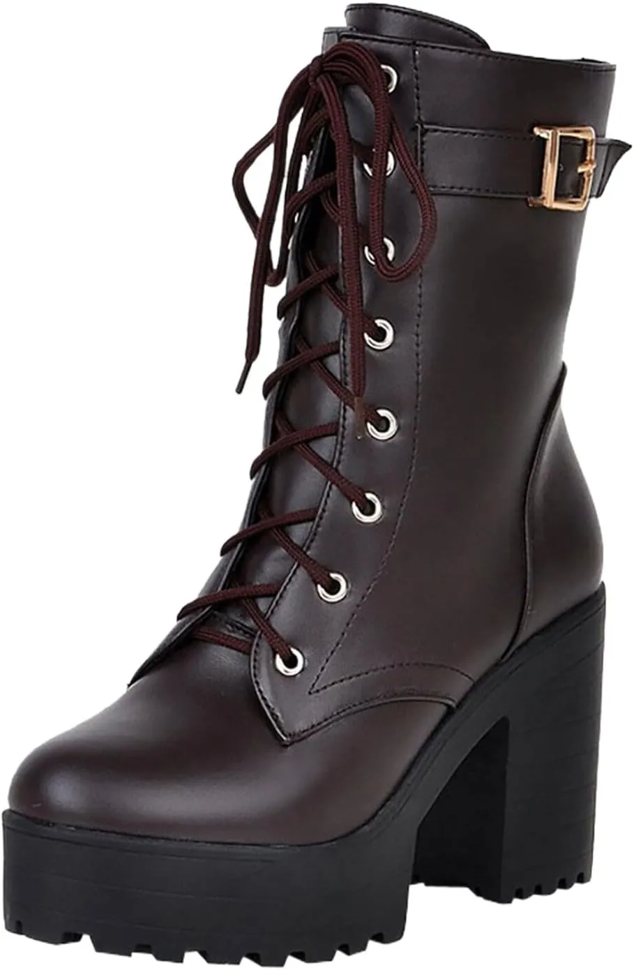 Womens Booties,Winter Boots for Women Fashion Belt Mid Heel Ankle Boots Buckle Lace Up Faux Leather Platform Boots