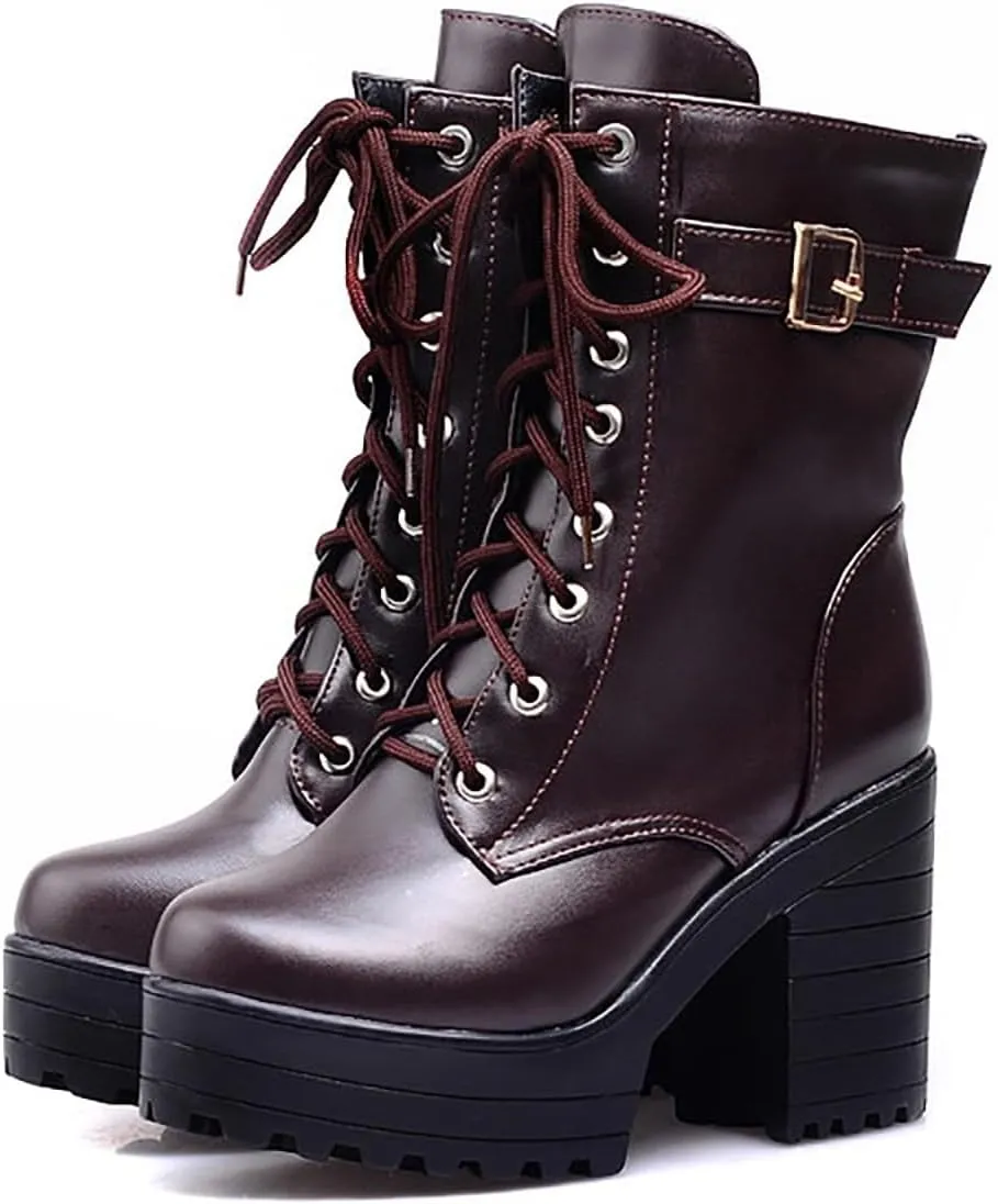 Womens Booties,Winter Boots for Women Fashion Belt Mid Heel Ankle Boots Buckle Lace Up Faux Leather Platform Boots