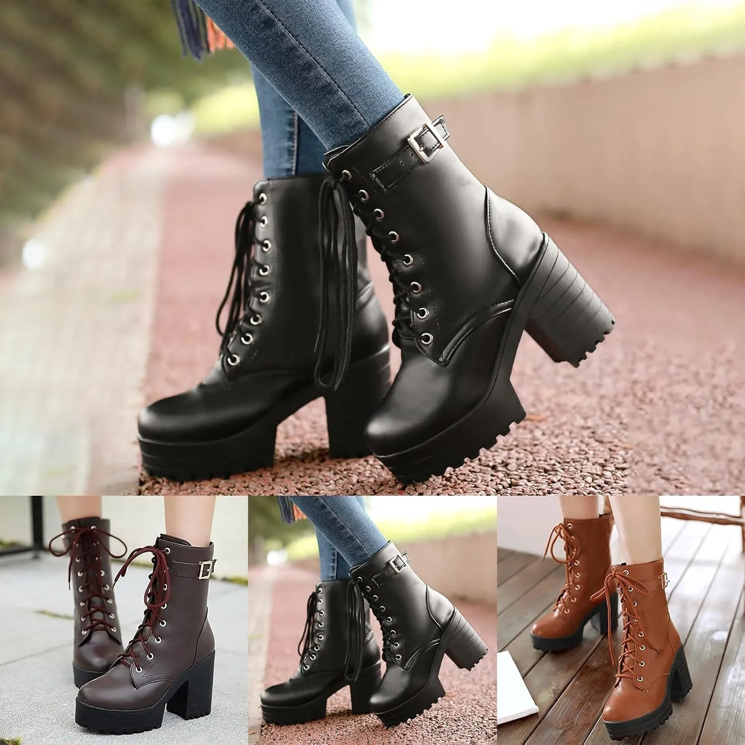 Womens Booties,Winter Boots for Women Fashion Belt Mid Heel Ankle Boots Buckle Lace Up Faux Leather Platform Boots