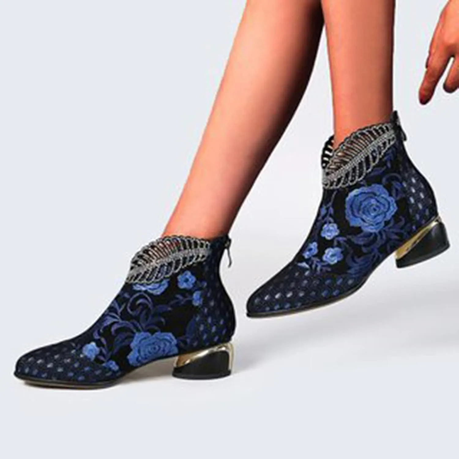 Womens Boots Fashion Pattern Chunky Heels Side Zipper Boots for Women Vintage PU Leather Elegant Ankle Boots