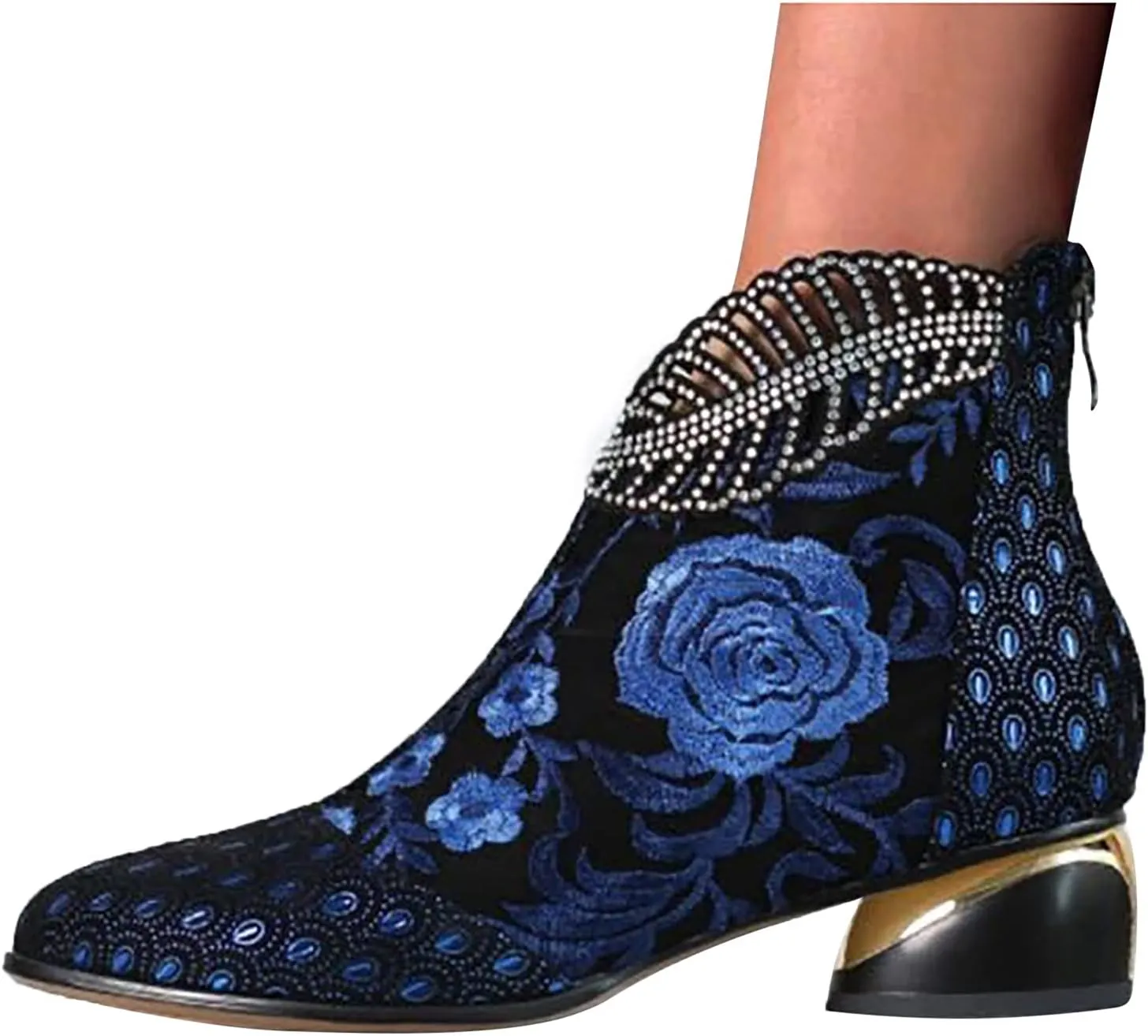 Womens Boots Fashion Pattern Chunky Heels Side Zipper Boots for Women Vintage PU Leather Elegant Ankle Boots