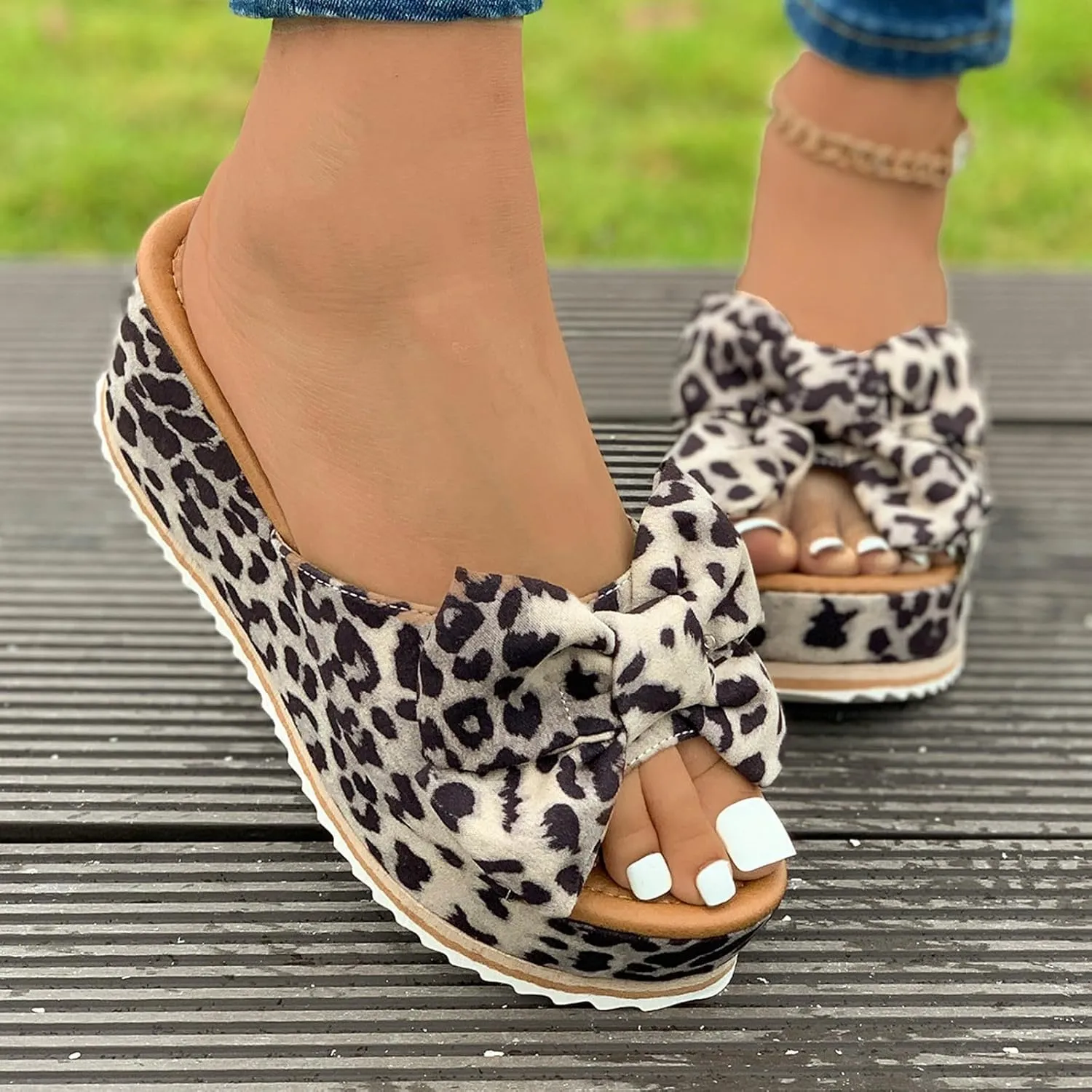 Women's Bow Knot Flat Sandals Dressy Walking Orthopedic Slippers Casual Lightweight Summer Slippers Open Toe Slip On Slides Single Band Wedges Fashion Beach Shoes