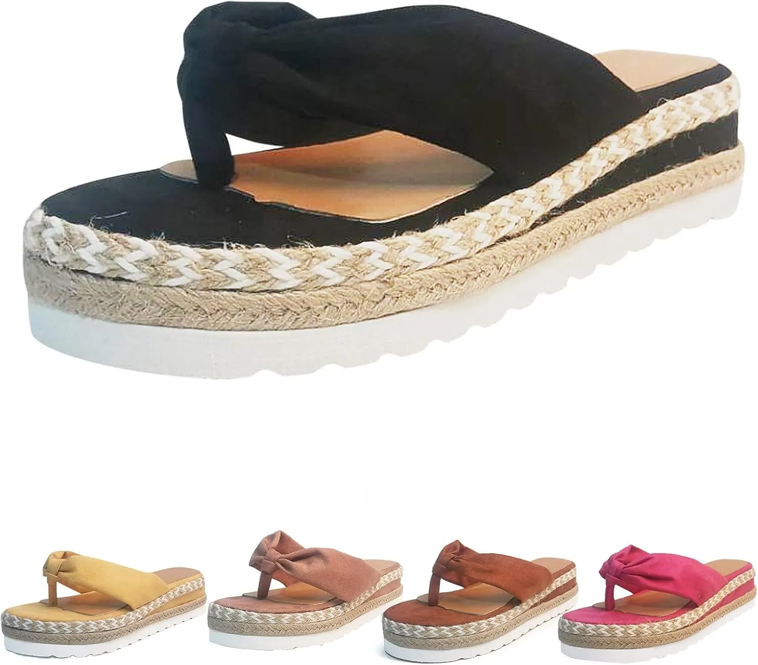 Womens Bow Knot Sandals Espadrilles Wedge Platform Slip on Open Toe Comfortable Flip Flops Casual Boho Slippers Summer Orthopedic Arch Support Sandal Beach Vacation Walking Sandal