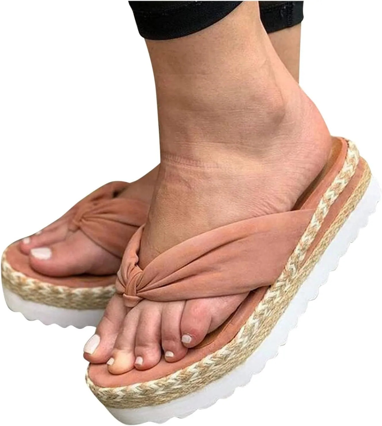 Womens Bow Knot Sandals Espadrilles Wedge Platform Slip on Open Toe Comfortable Flip Flops Casual Boho Slippers Summer Orthopedic Arch Support Sandal Beach Vacation Walking Sandal