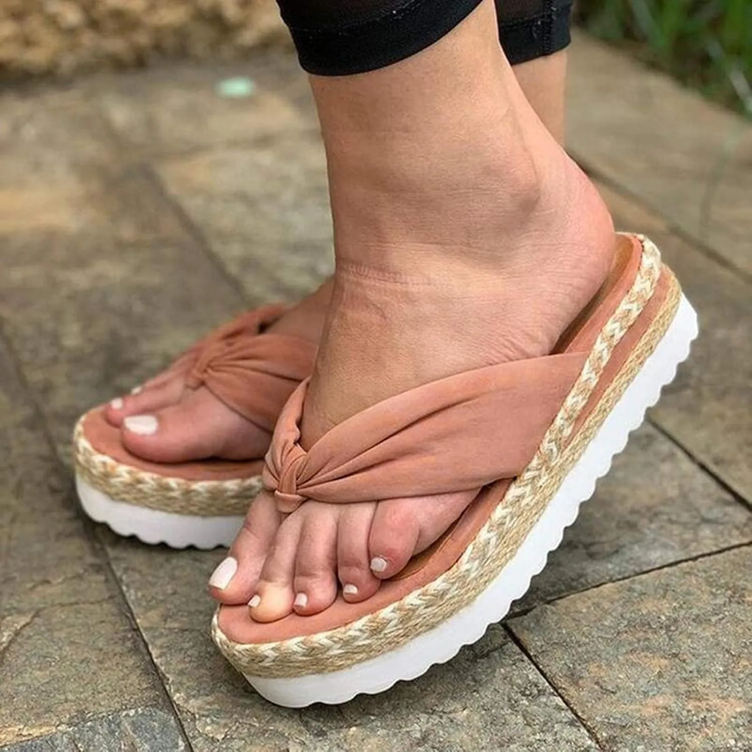 Womens Bow Knot Sandals Espadrilles Wedge Platform Slip on Open Toe Comfortable Flip Flops Casual Boho Slippers Summer Orthopedic Arch Support Sandal Beach Vacation Walking Sandal