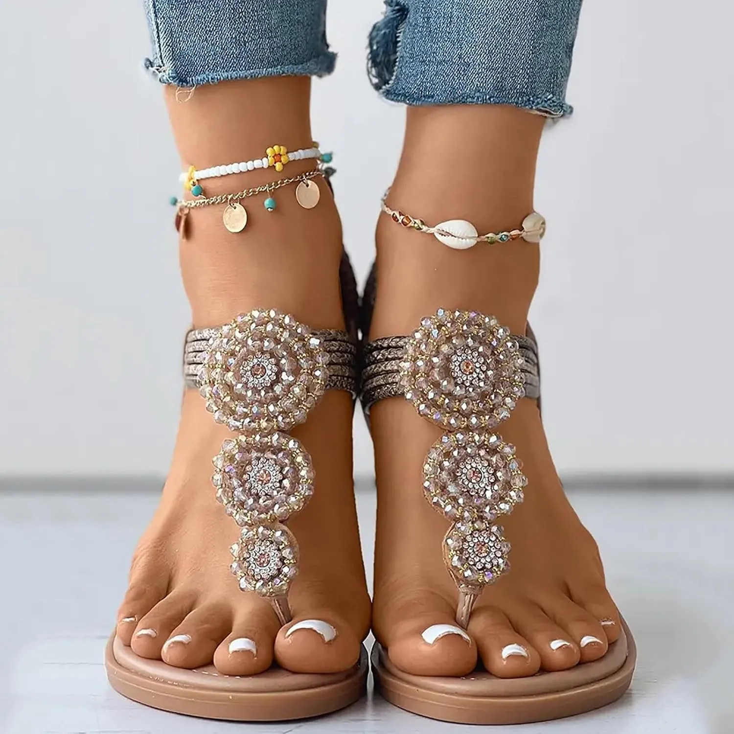 Women's Breathable Bohemian Sandals Comfortable Ankle Strap Outdoor Walking Shoes Arch Support Flat Sandals