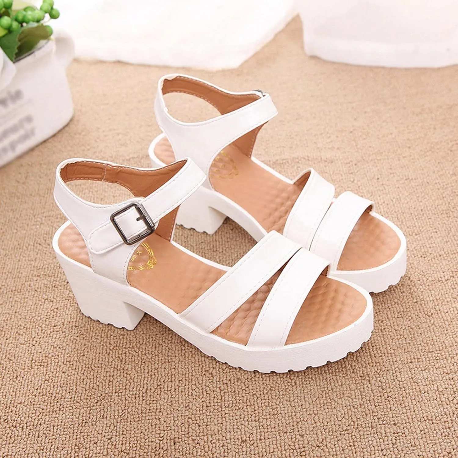 Women's Chunky Shoes Heels Sandals Breathable Casual Fashion Dress Sandals Adjustable Ankle Strap Slide Shoes Women
