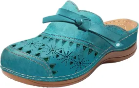 Womens Clogs with Arch Support Mule Shoes Vintage Closed Toe Wide Width Sandals Summer Hollow Out Slip On Slippers Outdoor Flats