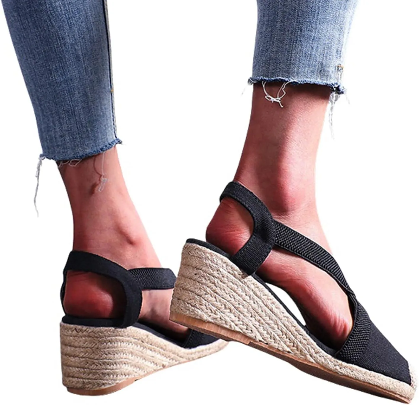 Women's Closed Toe Platform Sandals Elastic Ankle Strap Espadrilles Wedge Shoes Criss Cross Platform Wedges Sandal Summer Dressy Shoe Straw Woven Shoes Business Casual Sandals