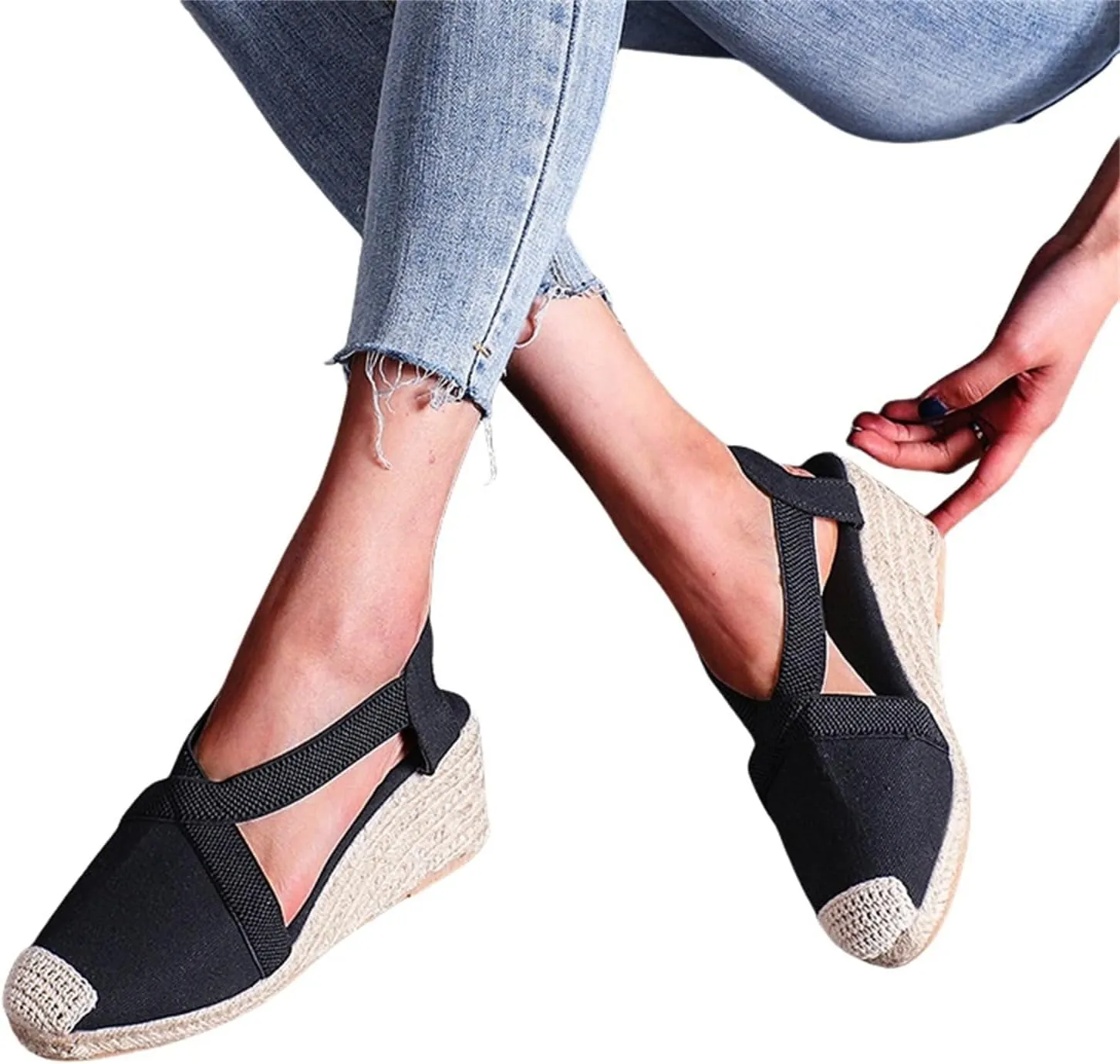 Women's Closed Toe Platform Sandals Elastic Ankle Strap Espadrilles Wedge Shoes Criss Cross Platform Wedges Sandal Summer Dressy Shoe Straw Woven Shoes Business Casual Sandals