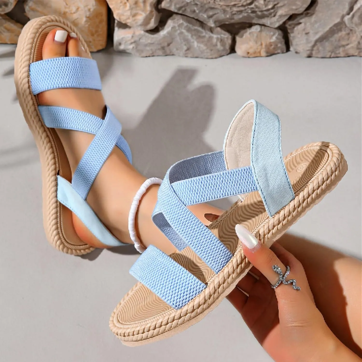Womens Comfortable Flat Sandals Dressy Daily Sandals Summer Beach Open Toe Shoes Ankle Strap Footwear for Teen Girls