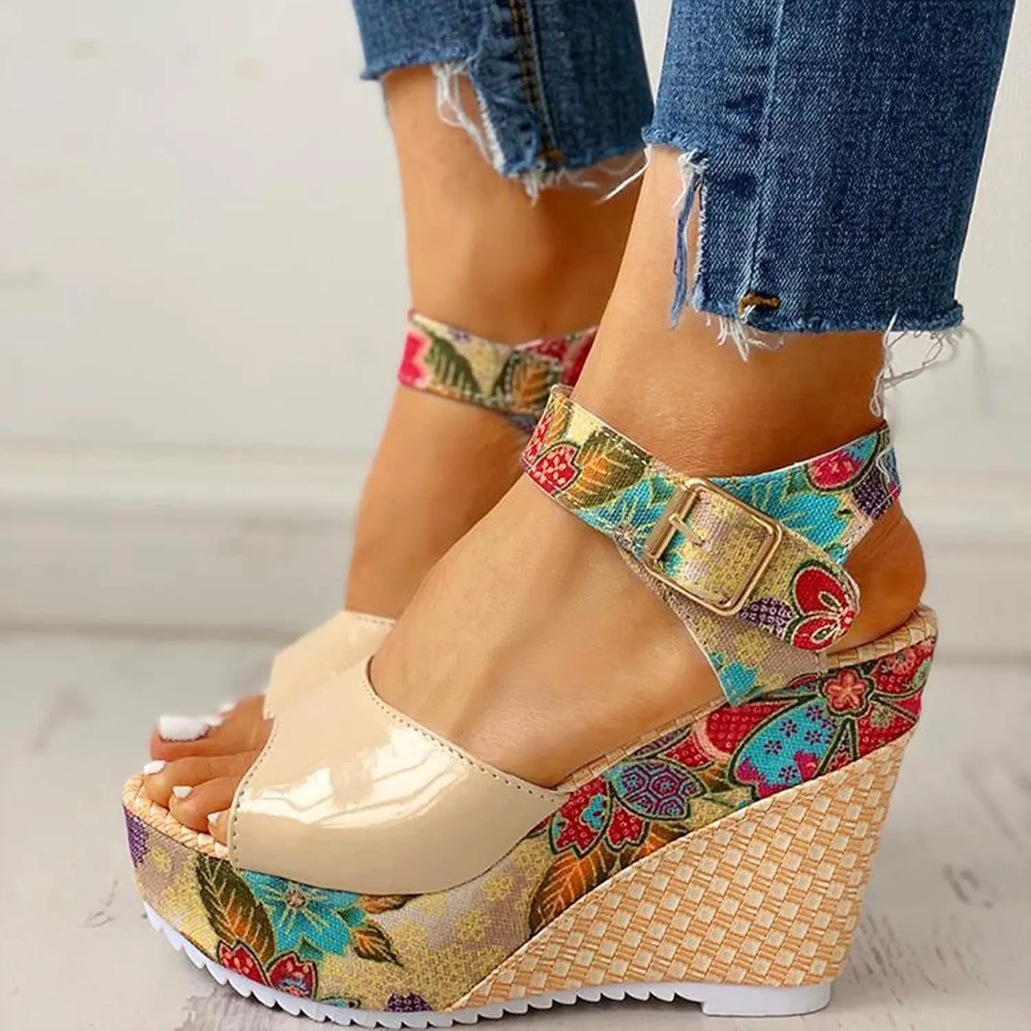 Women's Espadrille Wedges Sandals Heels Open Toe Platform Buckle Ankle Strap Summer Dress Shoes, Elegant Floral Classic Wedge Sandals Fish Mouth Breathable Espadrilles