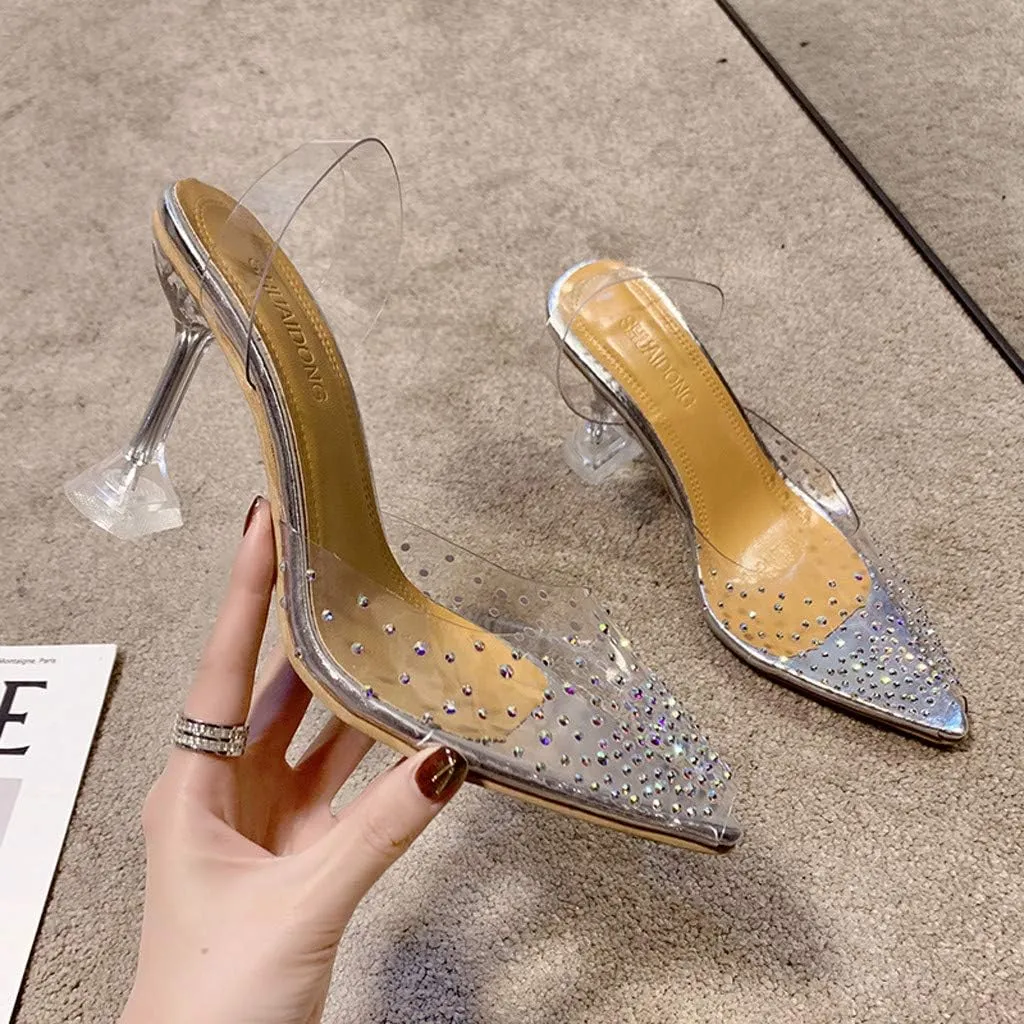 Women's Fashion Pumps Slingback Clear Kitten Heels High Heeled Prom Dress Shoes Point Shoes Single Crystal Dress Stiletto