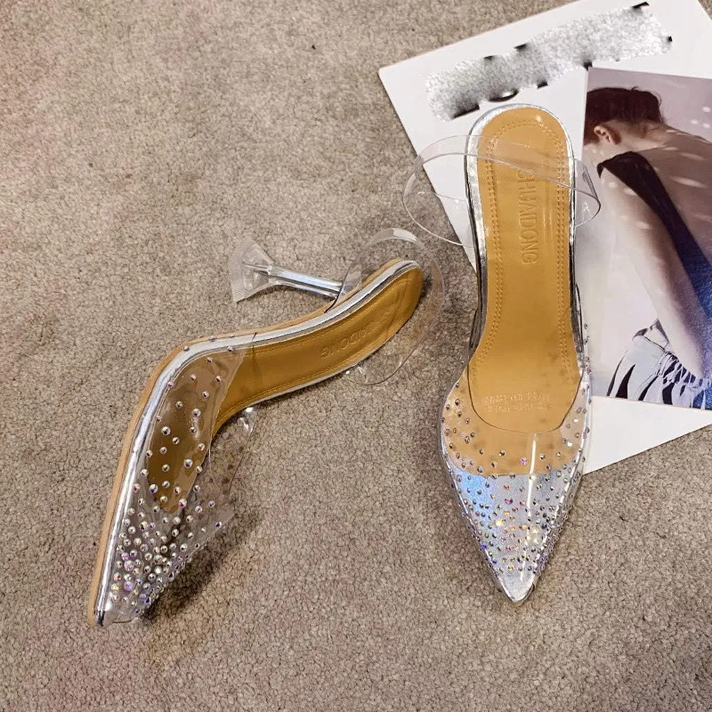 Women's Fashion Pumps Slingback Clear Kitten Heels High Heeled Prom Dress Shoes Point Shoes Single Crystal Dress Stiletto