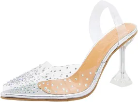 Women's Fashion Pumps Slingback Clear Kitten Heels High Heeled Prom Dress Shoes Point Shoes Single Crystal Dress Stiletto