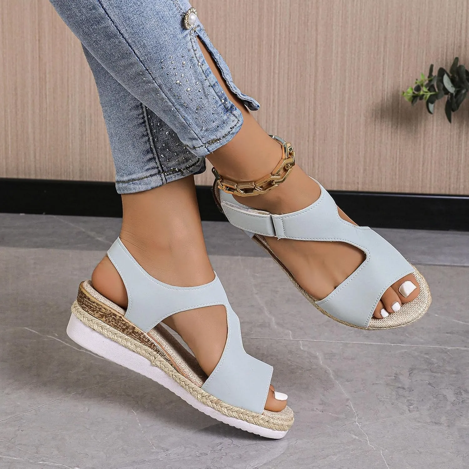 Womens Flat Sandals Women's Ankle Strap Low Wedge Sandals Beach Sandals Women's Classic Wedge Heels Sandals