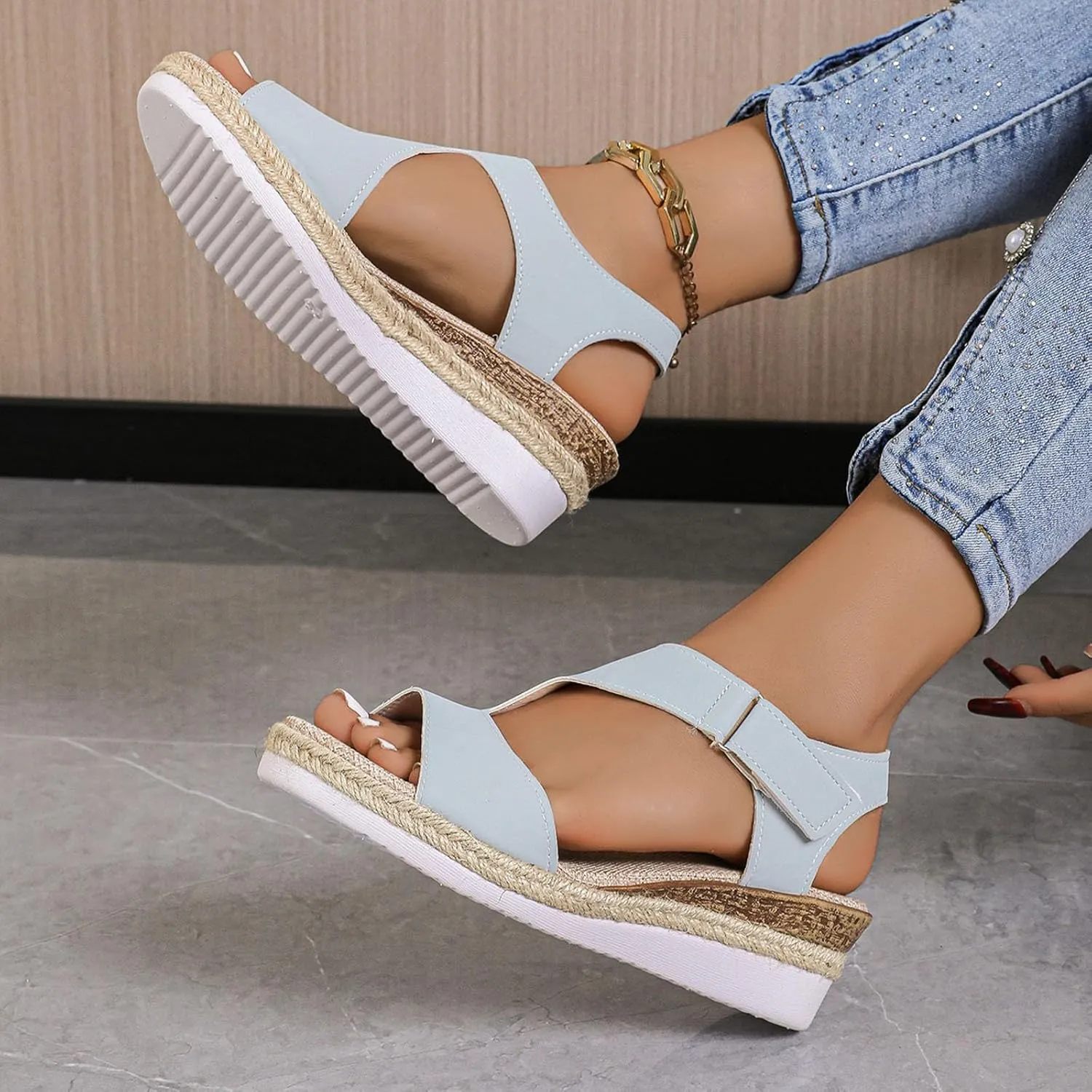 Womens Flat Sandals Women's Ankle Strap Low Wedge Sandals Beach Sandals Women's Classic Wedge Heels Sandals