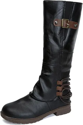 Women's Hand Stitching Wide Mid Calf Boots,Fashion Ruched Side Zip Metal Buckles Winter Boots Low Chunky Heel Combat Riding Long Boots Knee High Western Cowgirl Boots