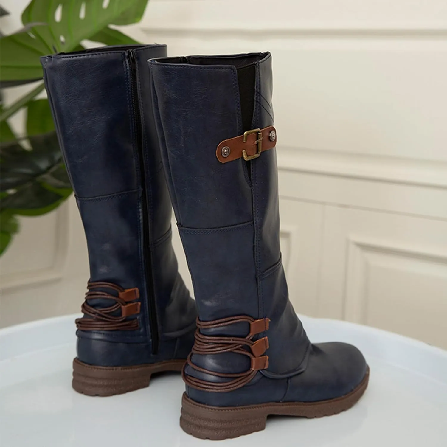 Women's Hand Stitching Wide Mid Calf Boots,Fashion Ruched Side Zip Metal Buckles Winter Boots Low Chunky Heel Combat Riding Long Boots Knee High Western Cowgirl Boots