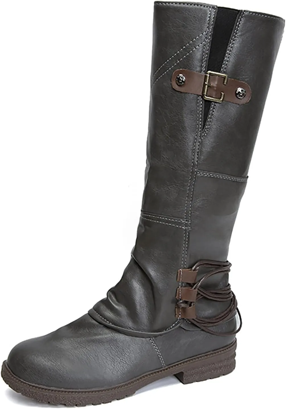 Women's Hand Stitching Wide Mid Calf Boots,Fashion Ruched Side Zip Metal Buckles Winter Boots Low Chunky Heel Combat Riding Long Boots Knee High Western Cowgirl Boots