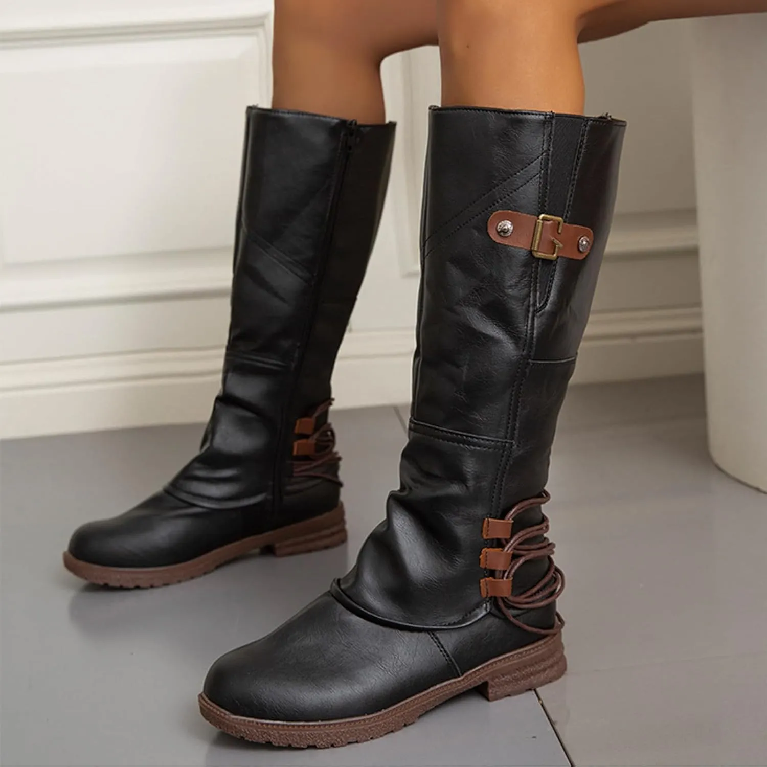 Women's Hand Stitching Wide Mid Calf Boots,Fashion Ruched Side Zip Metal Buckles Winter Boots Low Chunky Heel Combat Riding Long Boots Knee High Western Cowgirl Boots