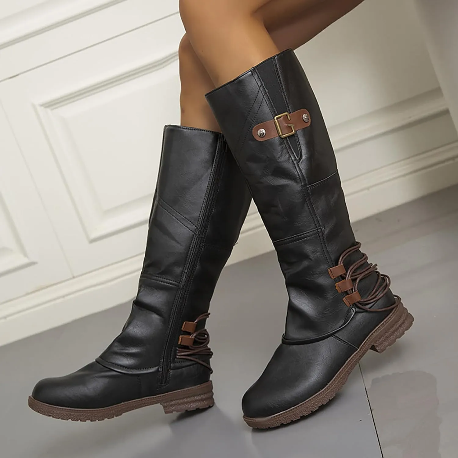 Women's Hand Stitching Wide Mid Calf Boots,Fashion Ruched Side Zip Metal Buckles Winter Boots Low Chunky Heel Combat Riding Long Boots Knee High Western Cowgirl Boots