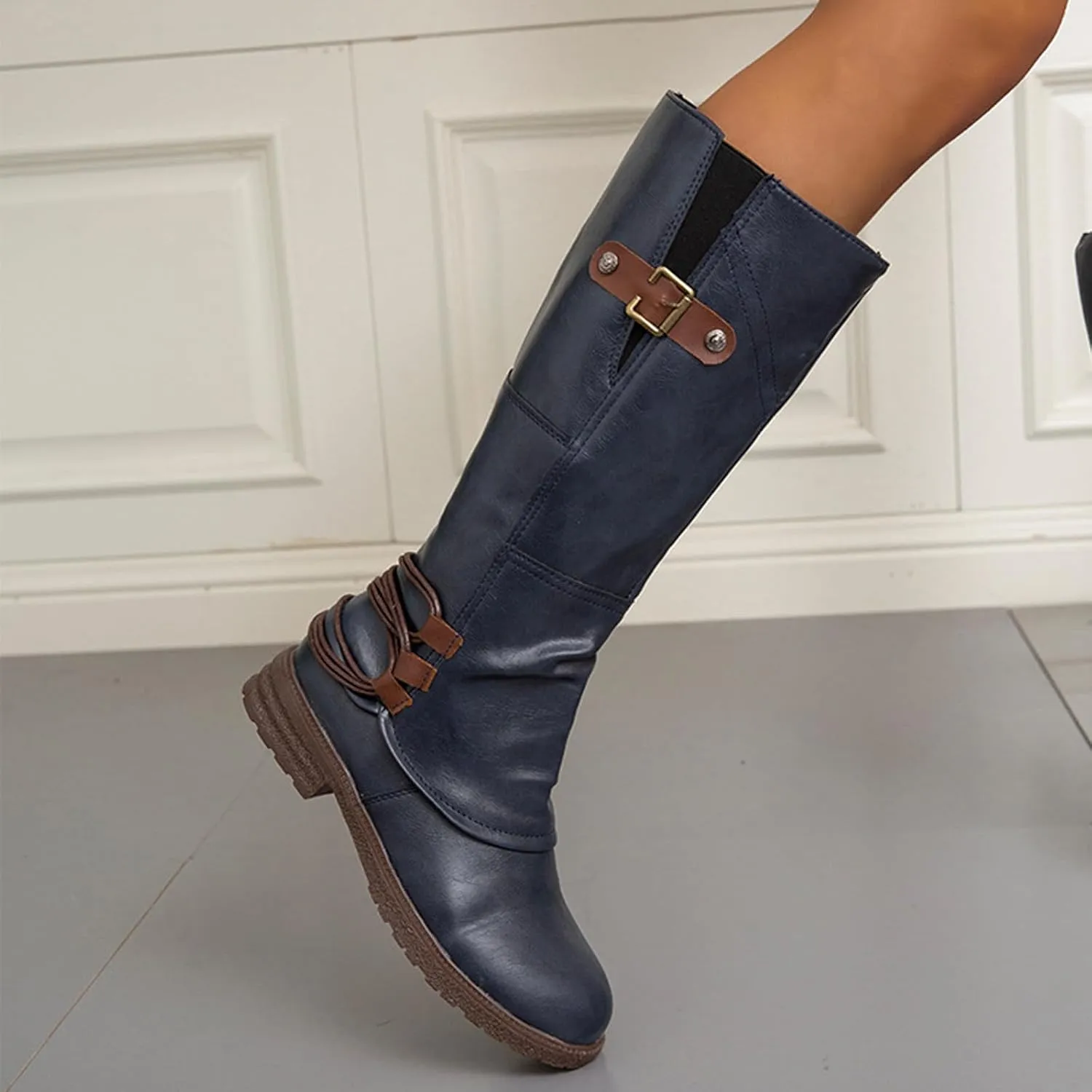 Women's Hand Stitching Wide Mid Calf Boots,Fashion Ruched Side Zip Metal Buckles Winter Boots Low Chunky Heel Combat Riding Long Boots Knee High Western Cowgirl Boots